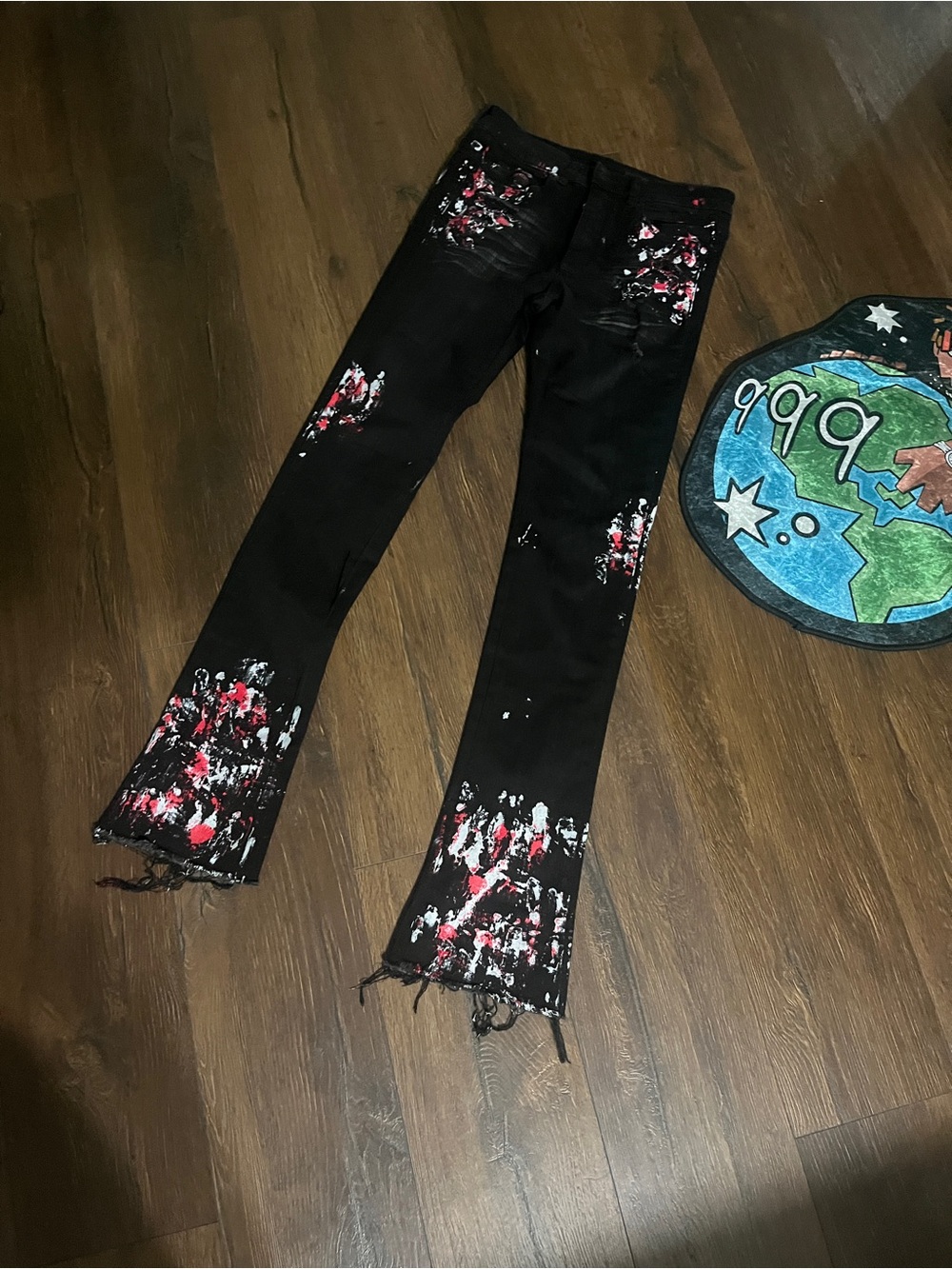 Rockstar Black Distressed Paint-Splatter Skinny Jeans - Red & White Accents